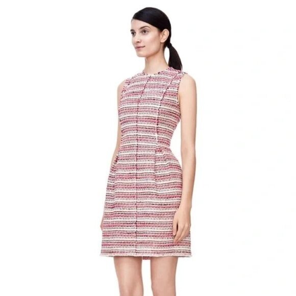 Rebecca Taylor Red & Cream Tweed Pleated Fit & Flair Raw Edge Dress Size 8 - Picture 2 of 13